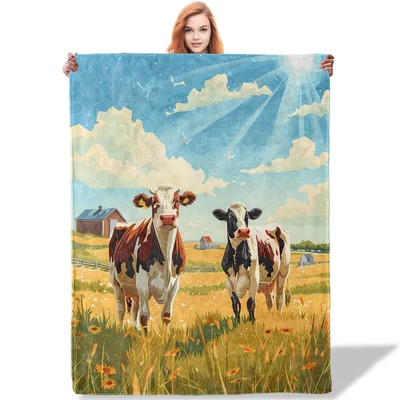 Two Cows in Meadow Blanket: Farm Scene with Brown and Black Cattle