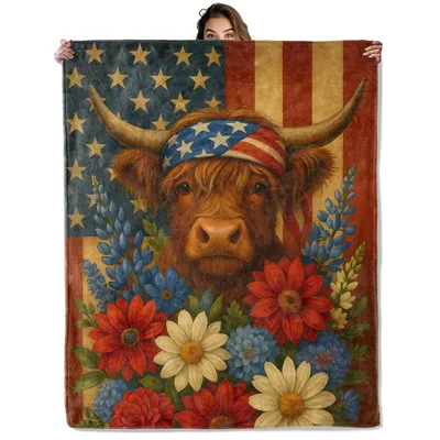 Patriotic Highland Cow Wildflowers Blanket: Red, White and Blue Design