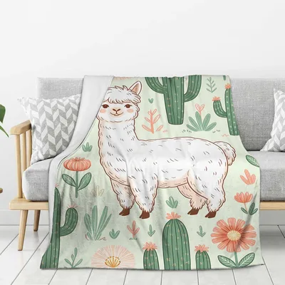 Alpaca with Cactus Pattern Blanket: Fluffy Desert Farm Animal Design
