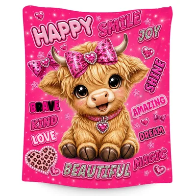 Happy Smile Highland Cow Blanket - Glittery Pink Calf Design