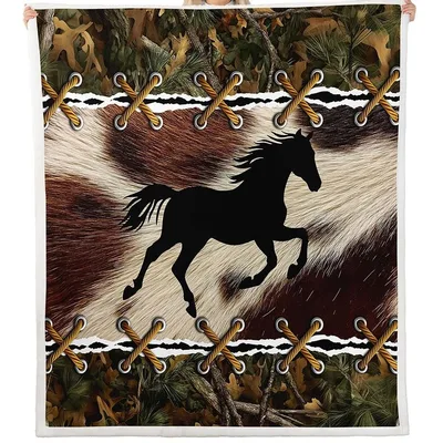 Black Horse Camo Pattern Blanket: Wild Stallion Silhouette on Faux Fur