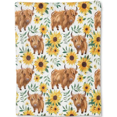 Highland Cow Sunflower Pattern Blanket: Fluffy Cows and Bright Flowers