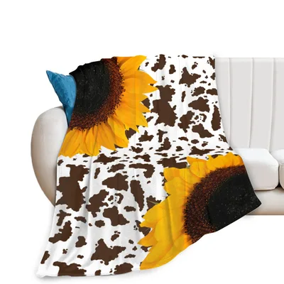 Sunflower and Cowhide Pattern Blanket: Farmhouse Floral Design