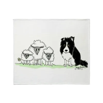 Sheep and Border Collie Blanket: Hand-Drawn Herding Scene