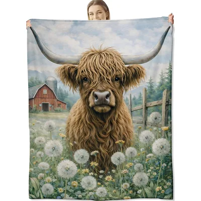 Highland Cow in Dandelion Blanket: Fluffy Farm Scene
