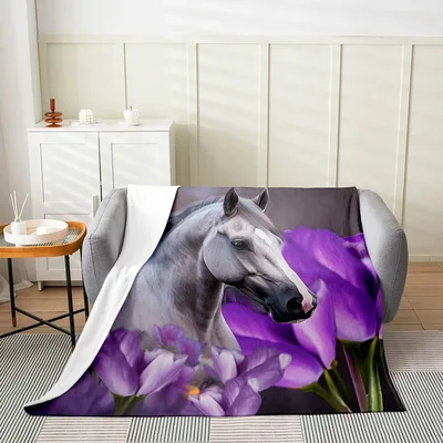 White Horse with Purple Blanket: Galloping Equine Art for Your Sofa