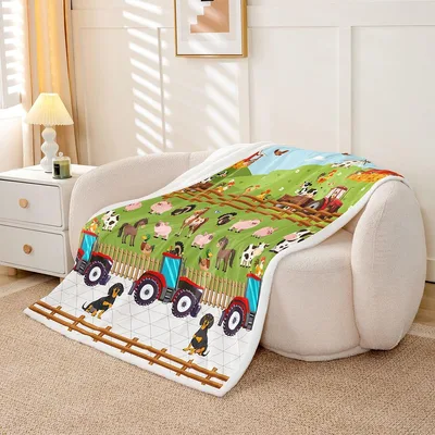 Farm Animals and Tractor Scene Blanket for Country Lovers
