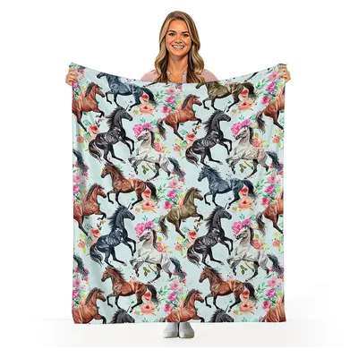 Horses with Flower Pattern Blanket: Equestrian Art with Pink Roses
