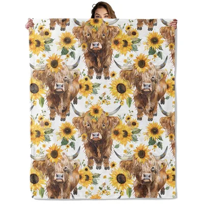 Highland Cows with Sunflowers Blanket: Fluffy Farm Animal Design