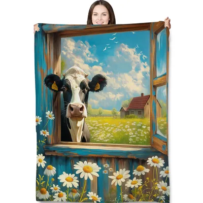 Cow Peeking Through Window Blanket Farmhouse Art Design