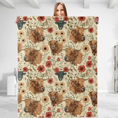 Highland Cows Floral Pattern Blanket: Shaggy Herd with Red Wildflowers