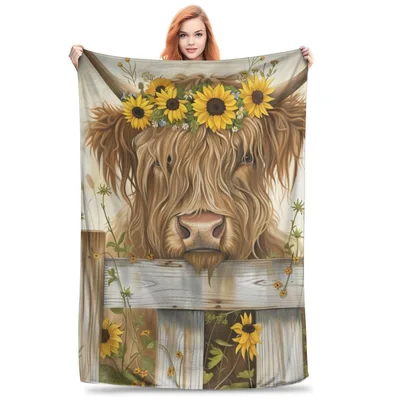 Highland Cow with Sunflower Blanket: Boho Floral Crown Farm Animal Art