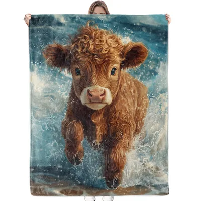 Highland Calf Splashing Blanket: Curly Hair and Water Splash Art