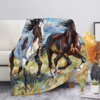 Two Horses Running Through Blanket featuring a paint horse