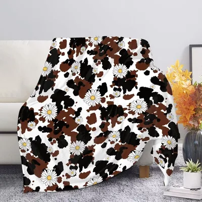 Cow Print with Daisies Blanket: Spotted Cows and White Flowers