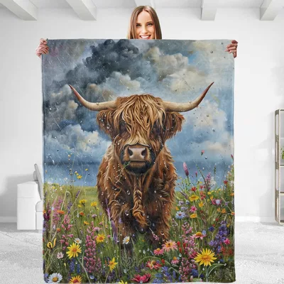 Highland Cow in Wildflowers Blanket: Shaggy Cattle in a Rainy Meadow