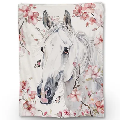 White Horse Pink Blossoms Blanket
