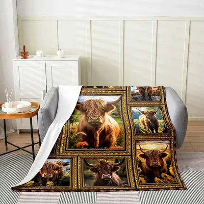 Highland Cow Photo Patchwork Blanket featuring framed cattle portraits