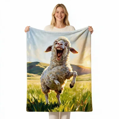 Grinning Sheep Jumping Blanket features an oil painting