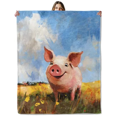 Happy Pig in Sunny Blanket: Smiling Farm Animal Art for Cozy Days