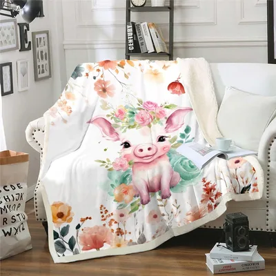 Pink Pig with Spring Blanket: Floral Farm Animal Throw