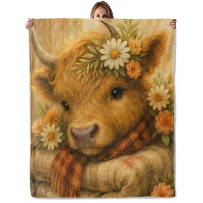 Highland Calf with Daisy Blanket: Fluffy Cow Wearing a Floral Crown