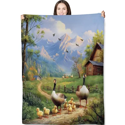 Geese and Ducklings Blanket: Rustic Country Path with Log Cabin