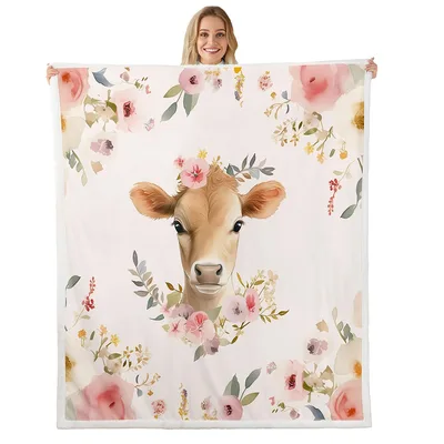 Cow with Pink Flower Wreath Blanket: Rustic Farmhouse Calf Design