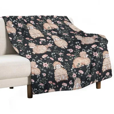 Watercolor Sheep with Pink Blanket features fluffy sheep
