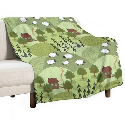 Sheep on Green Hills Blanket: Cozy Farm Landscape Design