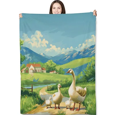 Geese in Countryside Landscape Blanket featuring white geese