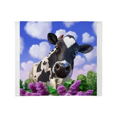 Cow with Lilacs Blanket featuring a spotted cow
