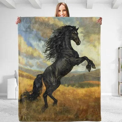 Rearing Black Horse Blanket: Artistic Equestrian Design