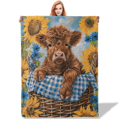 Highland Cow in Sunflower Basket Blanket: Fluffy Calf in Wicker