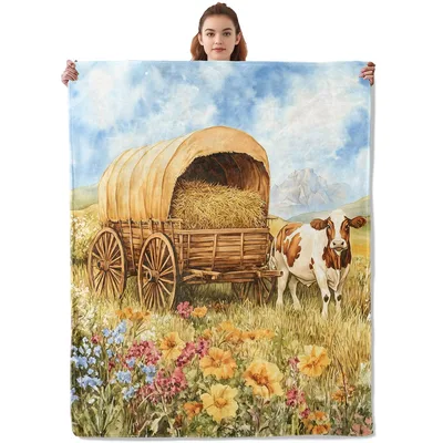 Watercolor Cow with Hay Blanket: Rustic Wagon and Wildflower Pastoral