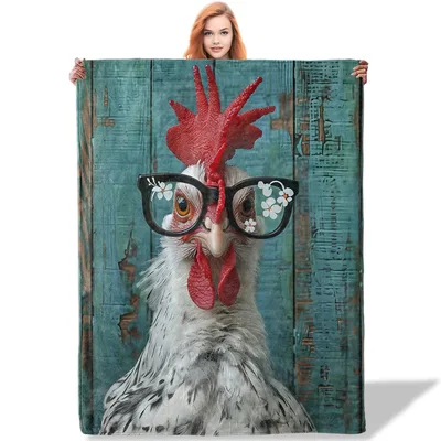 Chicken Wearing Glasses Blanket: Hipster Rooster on Rustic Wood
