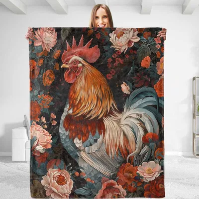 Rooster with Roses Floral Blanket: A Vintage Bird and Peony Design