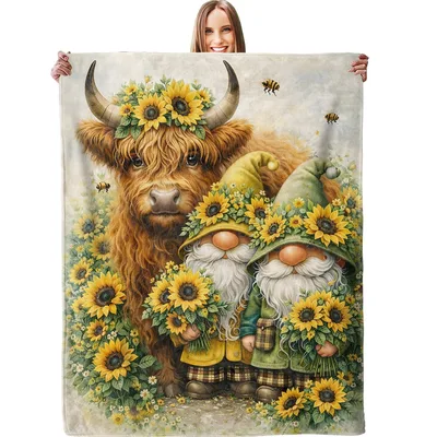 Highland Cow with Gnome Blanket: Rustic Sunflower Farmhouse Design