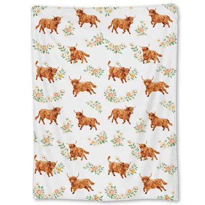 Highland Cows Floral Pattern Blanket: Rustic Cattle and Roses Design
