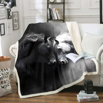 Black and White Horses Portrait Blanket: Artistic Equestrian Design