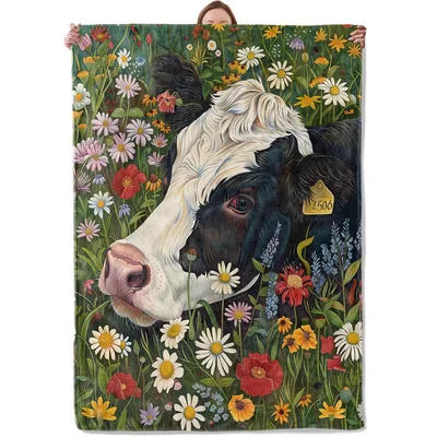 Black White Cow with Wildflowers Blanket Farmhouse Art Design