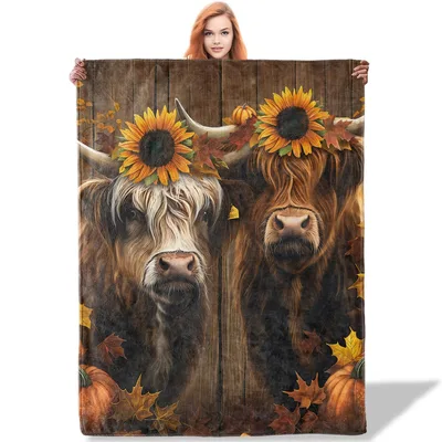 Highland Cows with Sunflowers Blanket: Rustic Farmhouse Art