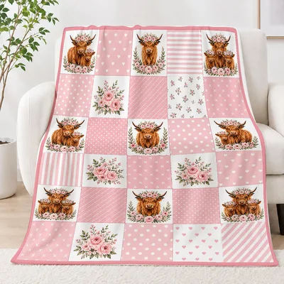 Pink Patchwork Highland Cow Blanket: Shaggy Cows in Floral Crowns