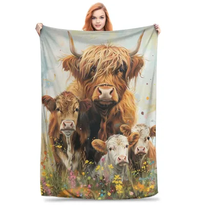 Highland Cow Family Portrait Blanket: Realistic Art