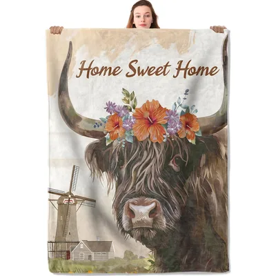 Home Sweet Home Highland Blanket with Floral Cow and Windmill