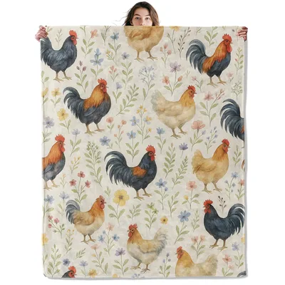 Watercolor Chickens and Wildflowers Blanket featuring rustic roosters