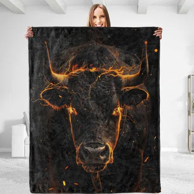 Fire Cow Head Design Blanket: Fiery Bull Art for Bold Interiors