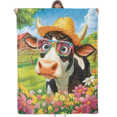 Cow with Hat Blanket: Stylish Cow in Glasses and Flowers
