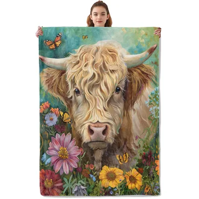 Highland Cow with Wildflowers Blanket: Fluffy Farm Animal Art