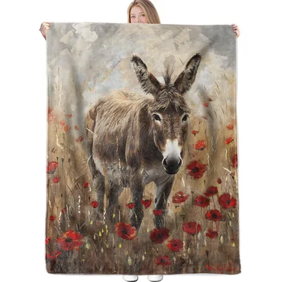 Donkey in Poppy Field Blanket: Artistic Farm Animal Design